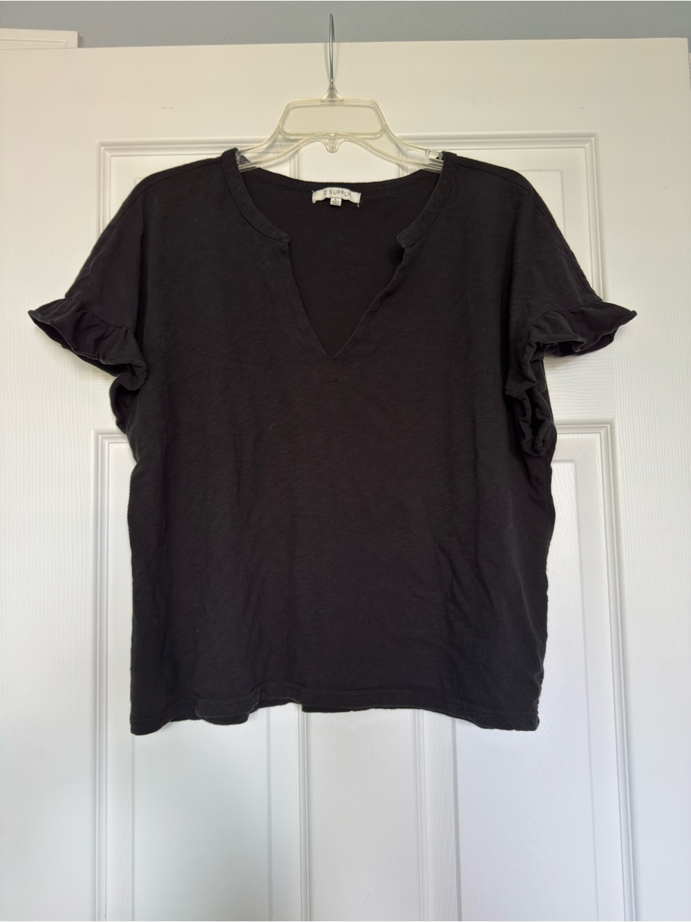 Z Supply Black Split V-Neck Short Sleeve Top with Ruffle Sleeves